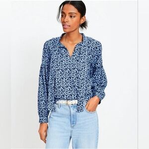 Loft, Shadow Floral, Tie Neck , Blouson Sleeve, Blouse. NWT Size Xl